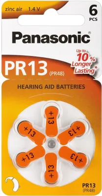 A retail package of Panasonic PR13 hearing aid batteries.