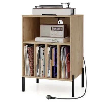 Produktbild von COSTWAY Plattenspielerständer, Grammophontisch mit 4 Fächern für Schallplattensammlungen, Metallbeinen & Ladestation, Geräteständer Natur