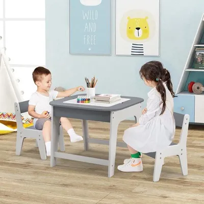 Imagen del producto de Mesa infantil con sillas - Juego de 3 piezas de madera para niños - Superficie de la mesa de doble cara - Gris claro