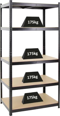 Produktbild von Schwerlastregal TAURUS | HxBxT 180x90x60cm | 5 Ebenen | Fachlast 175kg | Schwarz