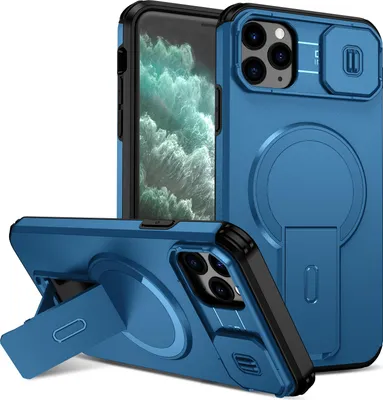 Immagine prodotto di Custodia magnetica per iPhone 11 Pro Max, custodia resistente a due strati con protezione scorrevole della fotocamera e supporto regolabile Blu