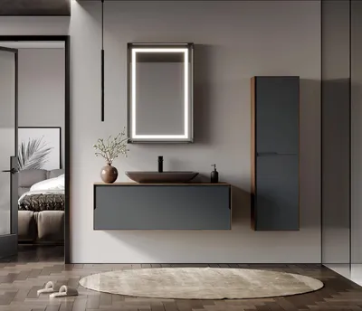 Image de Orka | Ensemble de Meubles de Salle de Bains - 100 Cm - Anthracite - Design Élégant - Avec Miroir Et Lavabo - Fermeture Silencieuse