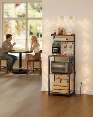 Produktbild von VASAGLE Standregal mit 4 Ebenen, Küchenregal mit Ladestation, 8 Haken, 40 x 45 x 140 cm, braun-schwarz
