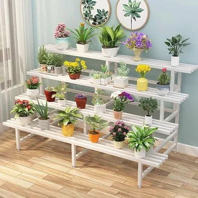Immagine prodotto di Portavasi in metallo per interni ed esterni - Vassoio portavasi a gradini e organizer - 4 ripiani, bianco