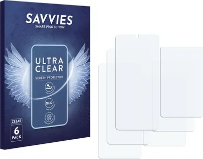 A product package for screen protectors is shown next to the screen protectors themselves.