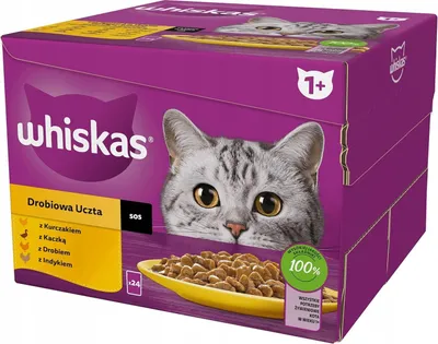 A box of Whiskas cat food with a cat's face on it.