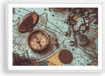 Produktbild von Gerahmtes Poster - Weißer Rahmen - Kompass Vintage Karte - 70x50 cm - Wand Bild - Wanddeko - Wandbilder - Kunstposter - Wandposter - Bilderrahmen - Bilder - Kunstdruck - Wandbild - P2WAA70x50-4302