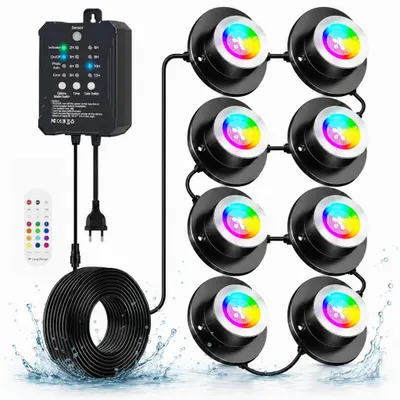 Produktbild von 8er set LED RGB Poolbeleuchtung mit 14 Farben, Unterwasserstrahler mit Lichtsensor, 5 Helligkeitsstufen Teichbeleuchtung mit Fernbedienung und Timer