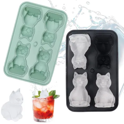 Immagine prodotto di 2 stampi in silicone a forma di gatto 3D, per realizzare cubetti di ghiaccio, colore nero e verde, riutilizzabili