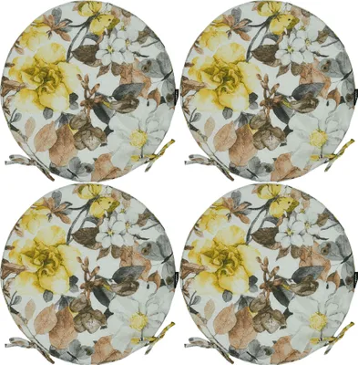 Four round seat cushions with a floral pattern.