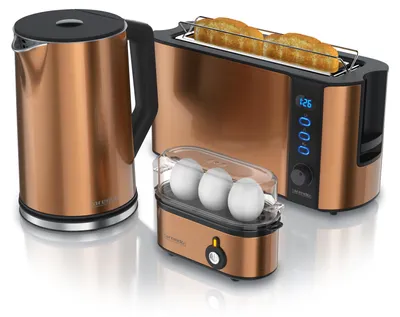 Image de Set petit déjeuner Arendo, bouilloire 1,5l, grille-pain 2 disques à fente longue, cuiseur à oeufs 3 pièces, cuivre