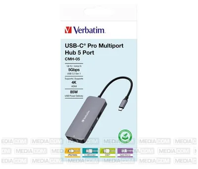 Produktbild von Verbatim CMH-05, USB Typ-C, HDMI, RJ-45, USB 3.2 Gen 1 (3.1 Gen 1) Type-C, USB Typ-C, 5000 Mbit/s, 60 Hz, Silber, Acrylnitril-Butadien-Styrol (ABS), Aluminium