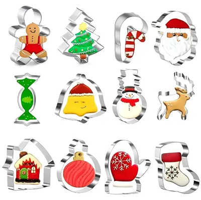 Produktbild von 12-teiliges Weihnachtsplätzchenausstecher-Set, Ausstechformen aus Edelstahl, Weihnachtsmann- und Rentier-Ausstechformen, Ausstechformen zum Backen von Fondanttorten