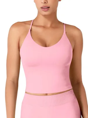 Imagen del producto de Sujetador deportivo de cuello en V para mujer, con tirantes finos ajustables, color rosa