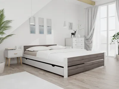A bedroom scene with a bed as the main focus.