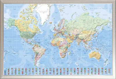 Immagine prodotto di Landkarten - Poster - Mappa del mondo con bandiere tedesche + cornice rimovibile, Shinsuke® Maxi alluminio argento, vetro acrilico