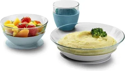 Zdjęcie produktu dla Zestaw dla niemowląt składający się z 3 elementów: talerz + miska + kubek – z silikonową nakładką – ergonomiczny, bezpieczny – dla niemowląt i małych dzieci – kolor zielony.