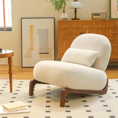 Produktbild von Weicher Samtsessel mit Beinen aus Massivholz, armlose Sitzgelegenheit zum Lesen für Wohnzimmer, Schlafzimmer, Balkon, Apartment und Wartezimmer im modernen Design mit hoher Belastbarkeit