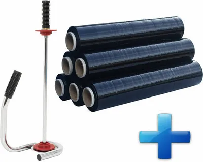 Produktbild von 1x Sparset 6 Rollen Handstretchfolie Handwickelfolie schwarz mit Abroller DE LUXE
