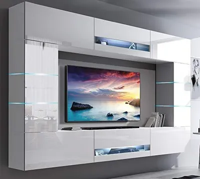 Produktbild von Furnitech Wohnwand Wohnzimmer Weiß Hochglanz (257 cm) - Hängend Wohnwand Modern Schrankwand mit Regale und TV Schrank Möbel ohne LED