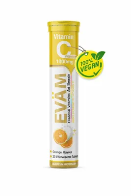 Produktbild von EVÄM Vitamin C 1000 mg Brausetabletten – Immunsystem | Hochdosiert 1250% NRV | Vegan | Zuckerfrei | Germany | Orangengeschmack | 20 Tabs