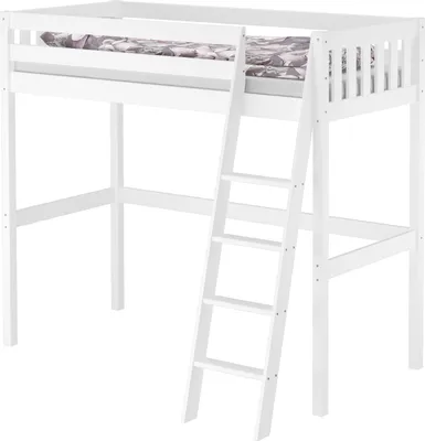 A white wooden high bed with a ladder.