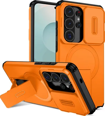 Obrázek produktu pro Magnetické pouzdro pro Samsung Galaxy S26 Ultra, dvouvrstvé odolné pouzdro s posuvnou ochranou fotoaparátu a nastavitelným stojánkem Oranžová