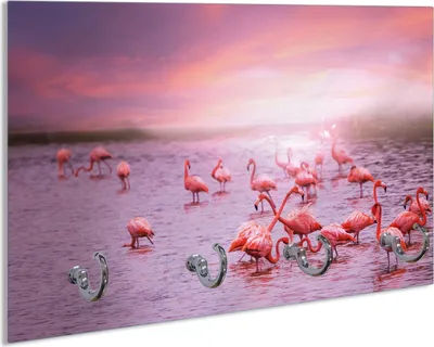Produktbild von Wallario Schlüsselbrett aus Glas, Motiv: Rosa Flamingos bei Sonnenuntergang, 30 x 20 cm mit 4 Haken