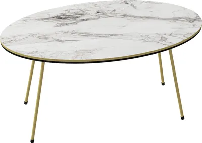 An oval coffee table with a white marble-look top and gold metal legs, isolated on a white background.
