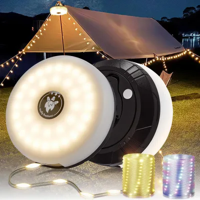 Produktbild von 2er 3-in-1 Camping Lichterkette Aufrollbar,5 Leuchtmodi,3 Modi,Tragbare LED Campinglampe,USB wiederaufladbar Campingleuchte,Lichterketten außen 10m