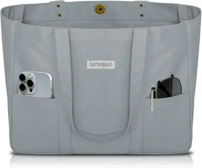 Produktbild von Damen Canvas Tote Bag Grau Groß – mit 15 Zoll Laptopfach, Magnetverschluss & Reißverschlussfach – faltbar, erweiterbar – 16oz Baumwolle für Alltag & Arbeit