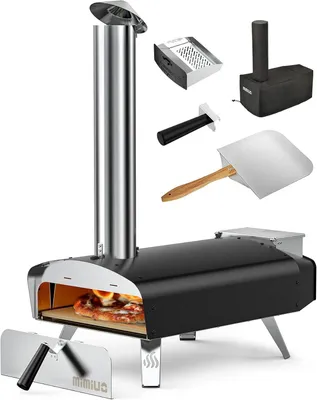 Zdjęcie produktu dla Piec do pizzy na drewno i pellet, przeznaczony do użytku w ogrodzie, klasyczny model w kształcie litery "W" z czarną powłoką, wyposażony w kamień do pizzy i składaną łopatę do pizzy.