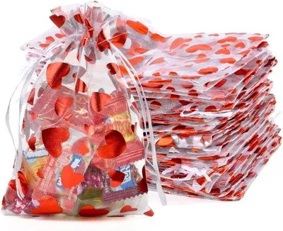 Produktbild von Kleiner Geschenkbeutel aus Organza, 100er Pack, 13 x 18 cm, Herz-Design, Weiß-Rot, Geschenkbeutel für Hochzeit, Geburtstag und Weihnachten
