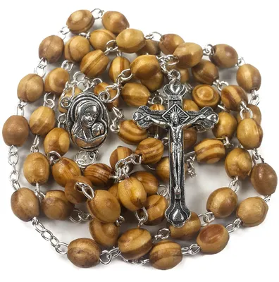 Immagine prodotto di Negozio di Nazareth: Collana con rosario in legno d'olivo e croce in metallo, confezionata in velluto