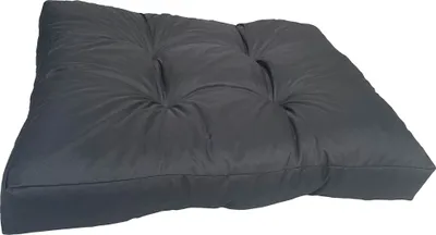A dark gray dog bed cushion is shown against a white background.