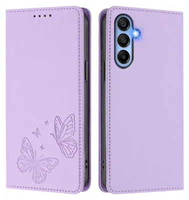 Produktbild von Lederhülle für Samsung Galaxy A15 5G/4G, Schmetterling Prägung Leder Brieftasche Schutzhülle mit Ständer Violett
