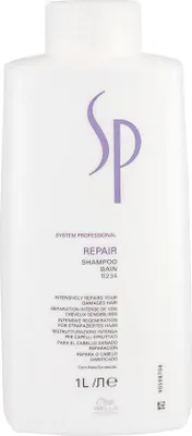 A white bottle of Wella Professionals SP Repair Shampoo.