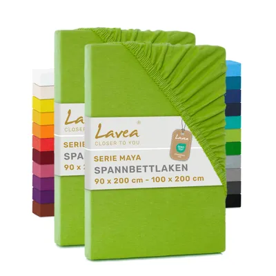 Produktbild von Lavea® 2er Pack Jersey Spannbettlaken 90/100x200 cm, 100% Baumwolle – Weiches Bettlaken für Matratzen bis 20 cm Höhe – Apfelgrün