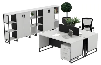 Productafbeelding van Witte kantoormeubels: houten bureau, wandkasten, rollende ladeblokken