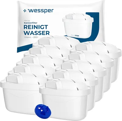 A large group of white water filter cartridges are arranged in rows, with a package of the same filters in the background. A small blue cap is in the foreground.