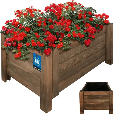 Produktbild von KOTARBAU® Blumenkasten Holz für draußen Pflanzkasten lang 60cm Breite 39cm Braun Pflanzkübel Holz outdoor Blumenkiste für Terrasse & Balkon Blumenkasten Holzoptik Kräuterkiste