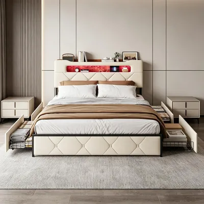 Produktbild von Bett 140 x 200 cm mit LED & USB, gepolstertes Doppelbett mit 4 Schubladen, gepolstertes Bett mit großem Stauraum, bettgestell ,jugendbett ,Beige