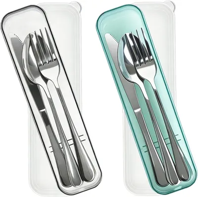 Produktbild von Campinggeschirr Set 2 Personen, Edelstahl, mit Etui, Löffel Gabel Messer, für Outdoor