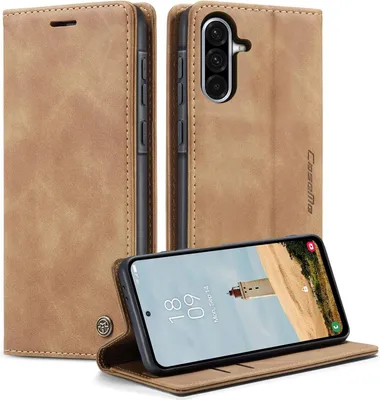 A brown flip case for a Samsung Galaxy A56 phone is shown, with the phone displayed inside the case.