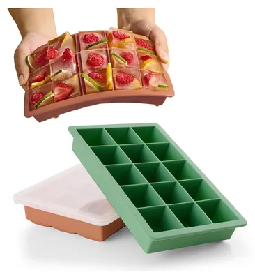Produktbild von Blumtal Eiswürfelformen Silikon 3er Set - 15er Eiswürfelform mit Deckel - BPA-freie Silikon Eiswürfelform - Olivgrün + Olivgrün + Mineral Rot