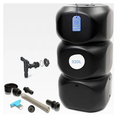 Produktbild von Regentonne 320 Liter inkl. Fallrohranschluss, Wasserhahn und Deckel - eckige Wassertonne - frostbeständig für den Garten (Anthrazit)