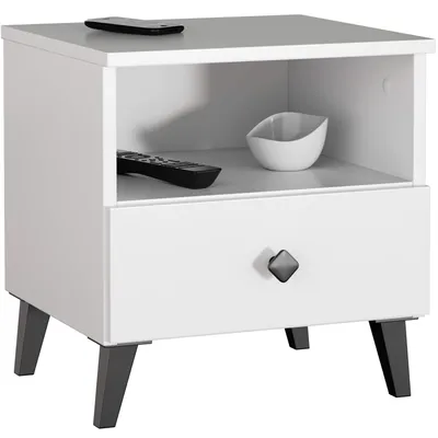 A white nightstand with a drawer and an open shelf.