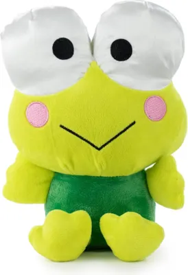 A plush toy frog sitting on a white background.