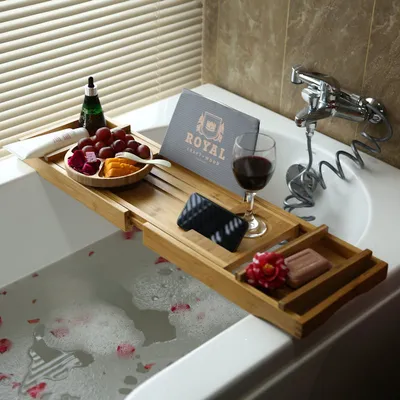 Produktbild von Decopatent® Luxus Bamboo Badewannenablage - Badezimmerablage für die Badewanne mit Buchhalter - Tablet-Halter - Ausziehbarer Badregal von 75 bis 110 cm