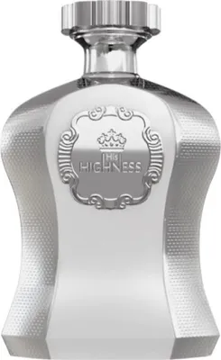 A silver perfume bottle with a decorative label.